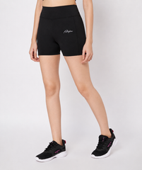 Waylene black fitted activewear shorts angled front view showing high rise waistband