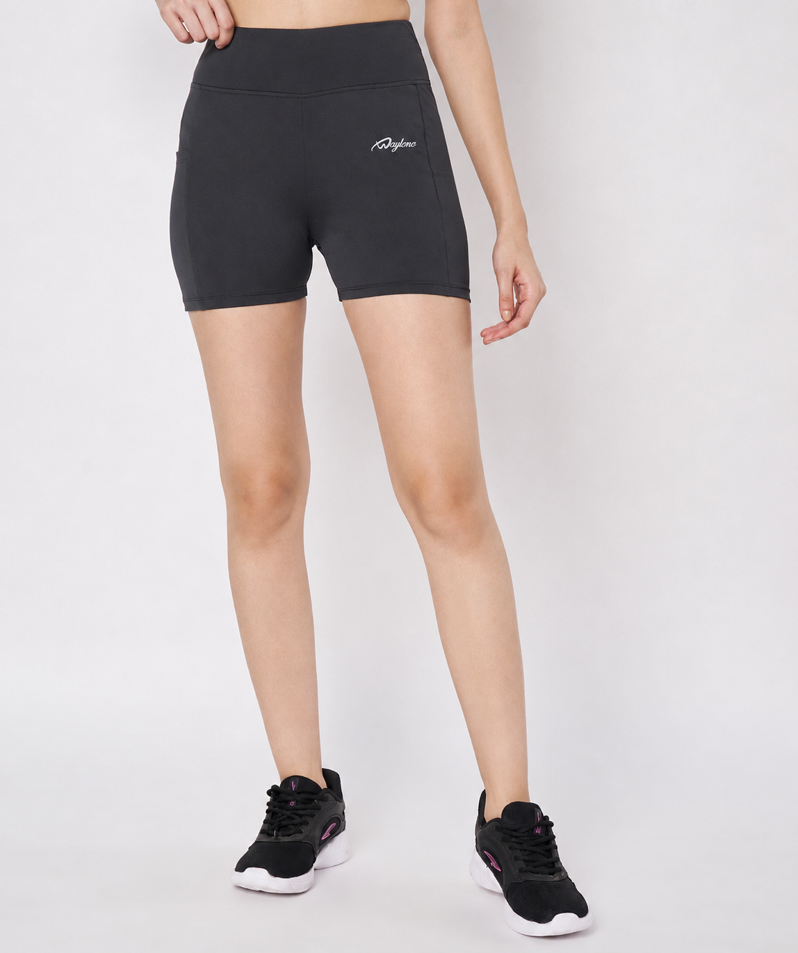 Waylene dark grey high waist activewear shorts front view on model