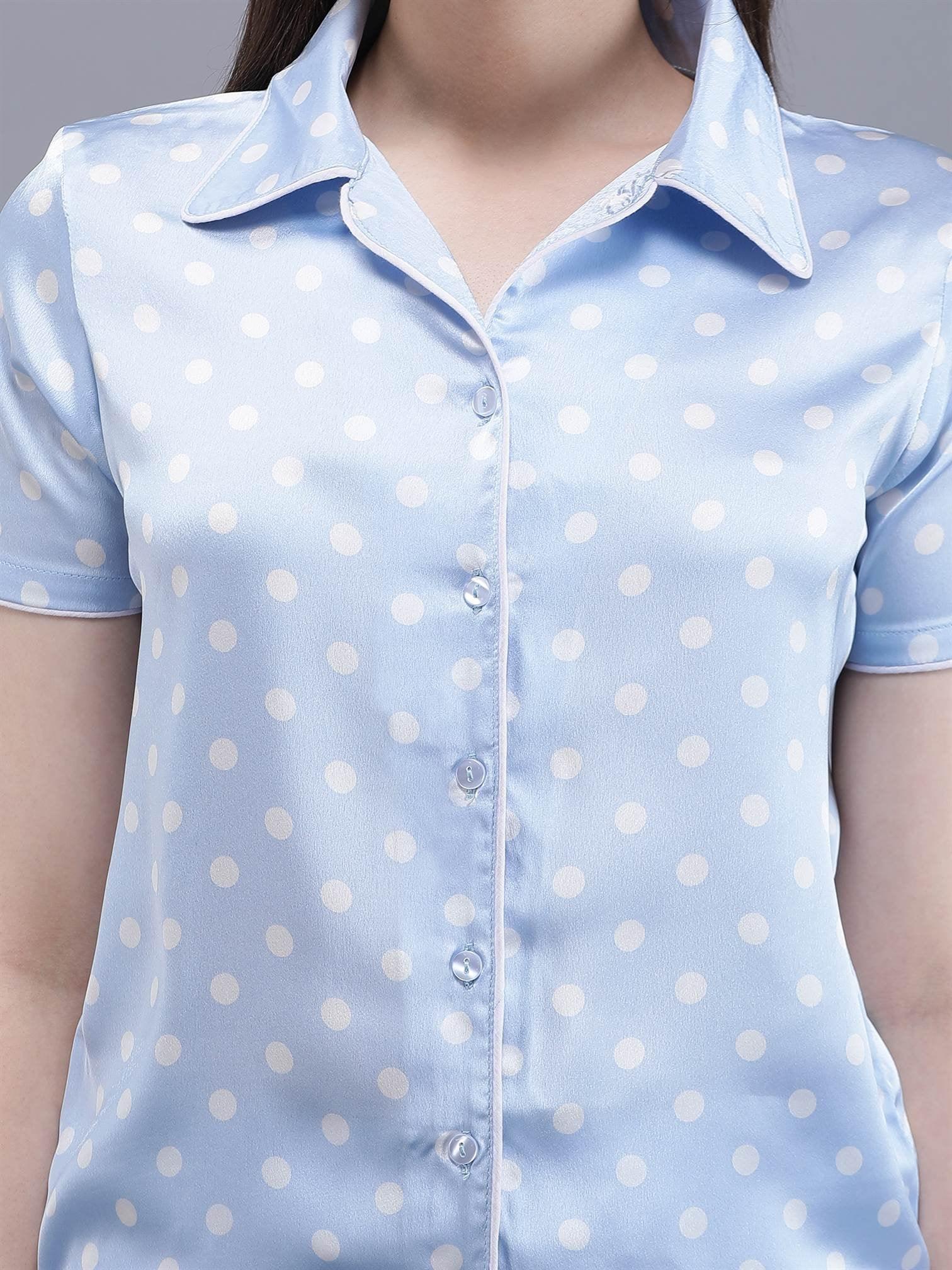 Waylene Navy Blue Printed Shirt & Shorts Set for Women, close-up of polka dot pattern and collar.