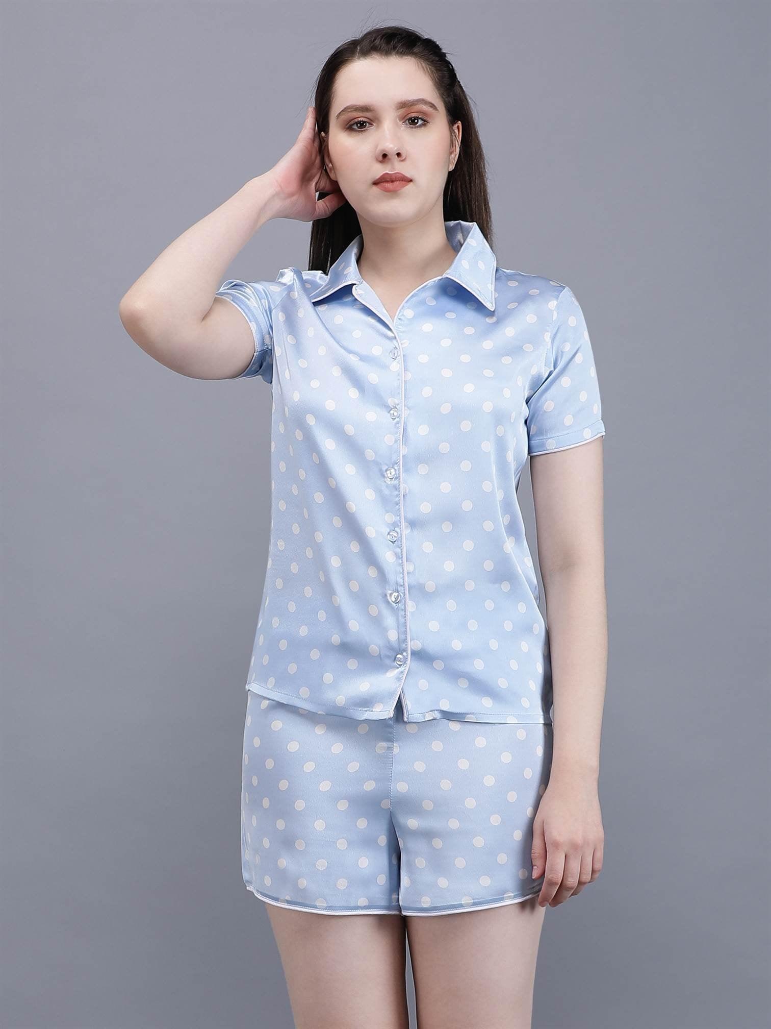 Waylene Navy Blue Printed Shirt & Shorts Set for Women, casual fit with short sleeves.