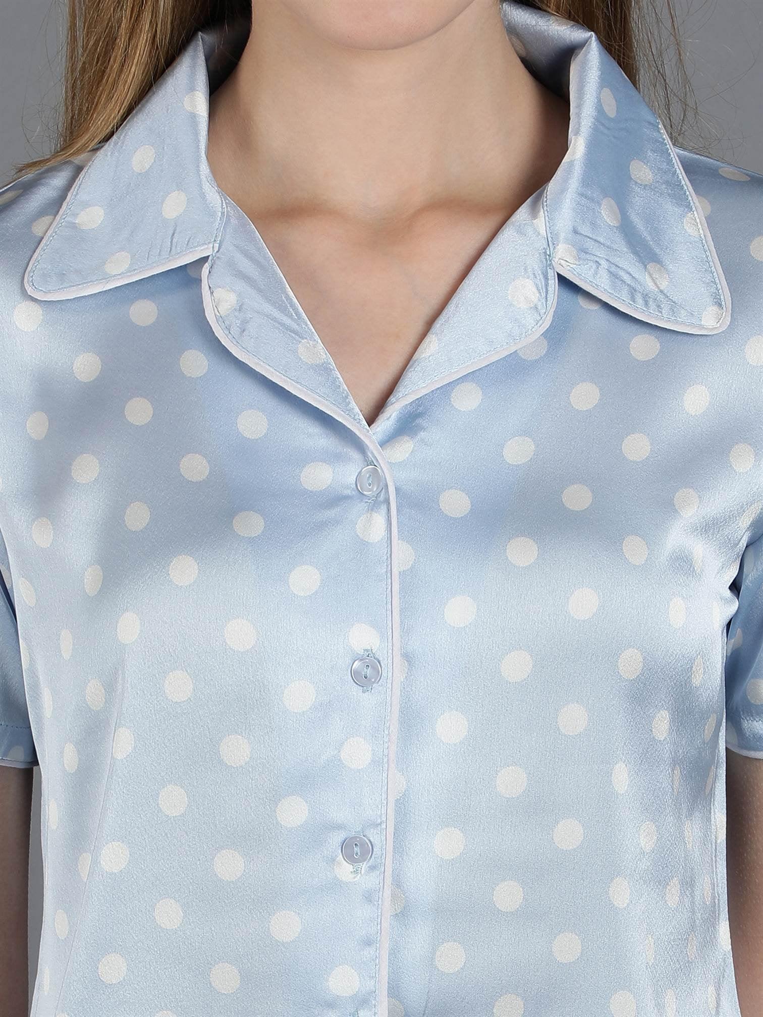 Waylene Light Blue Polka Dot Satin PJ Set, detailed view of fabric texture and polka dot design.