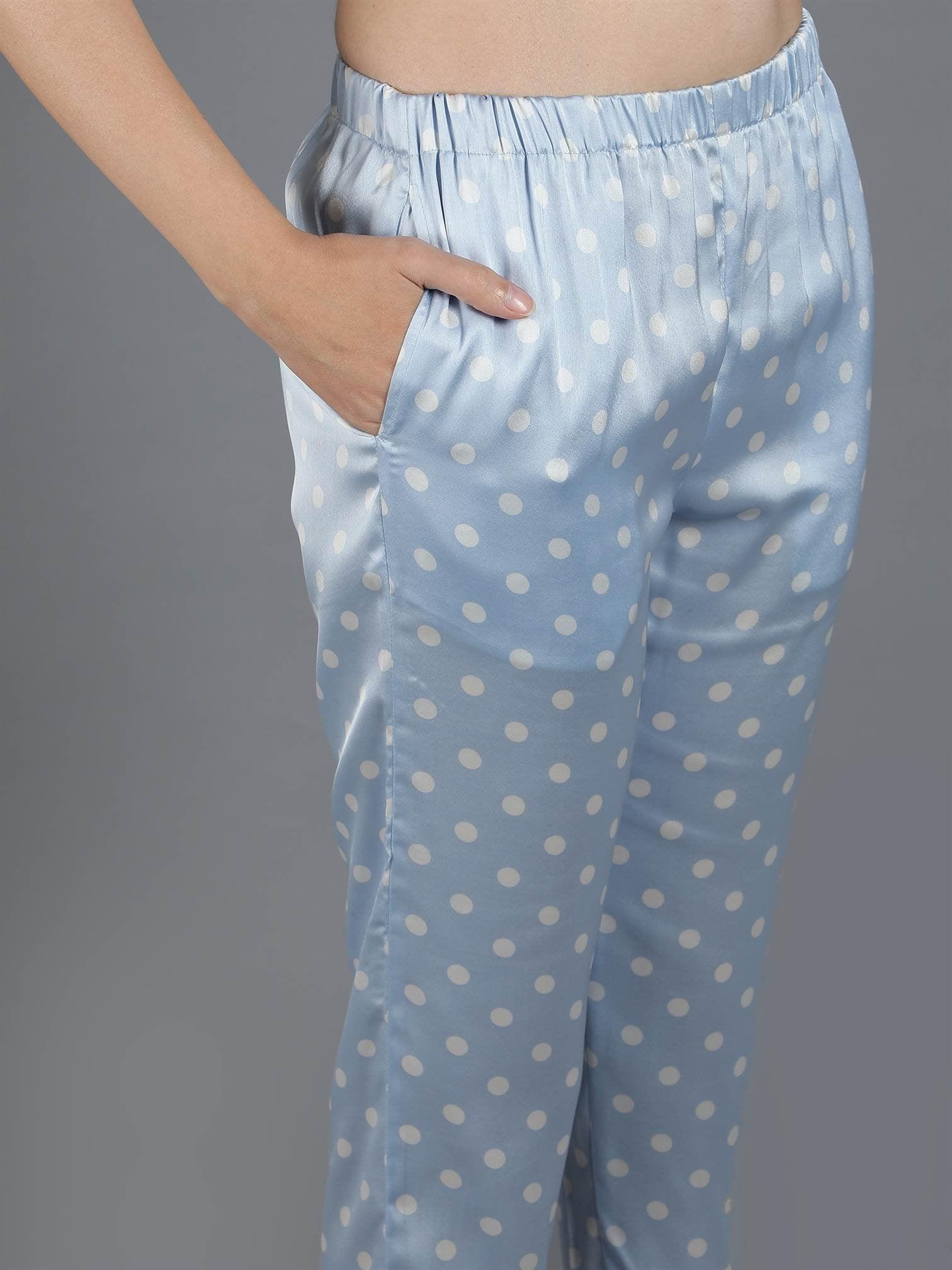 Waylene Light Blue Polka Dot Satin PJ Set, back view showcasing relaxed fit and polka dot pattern.