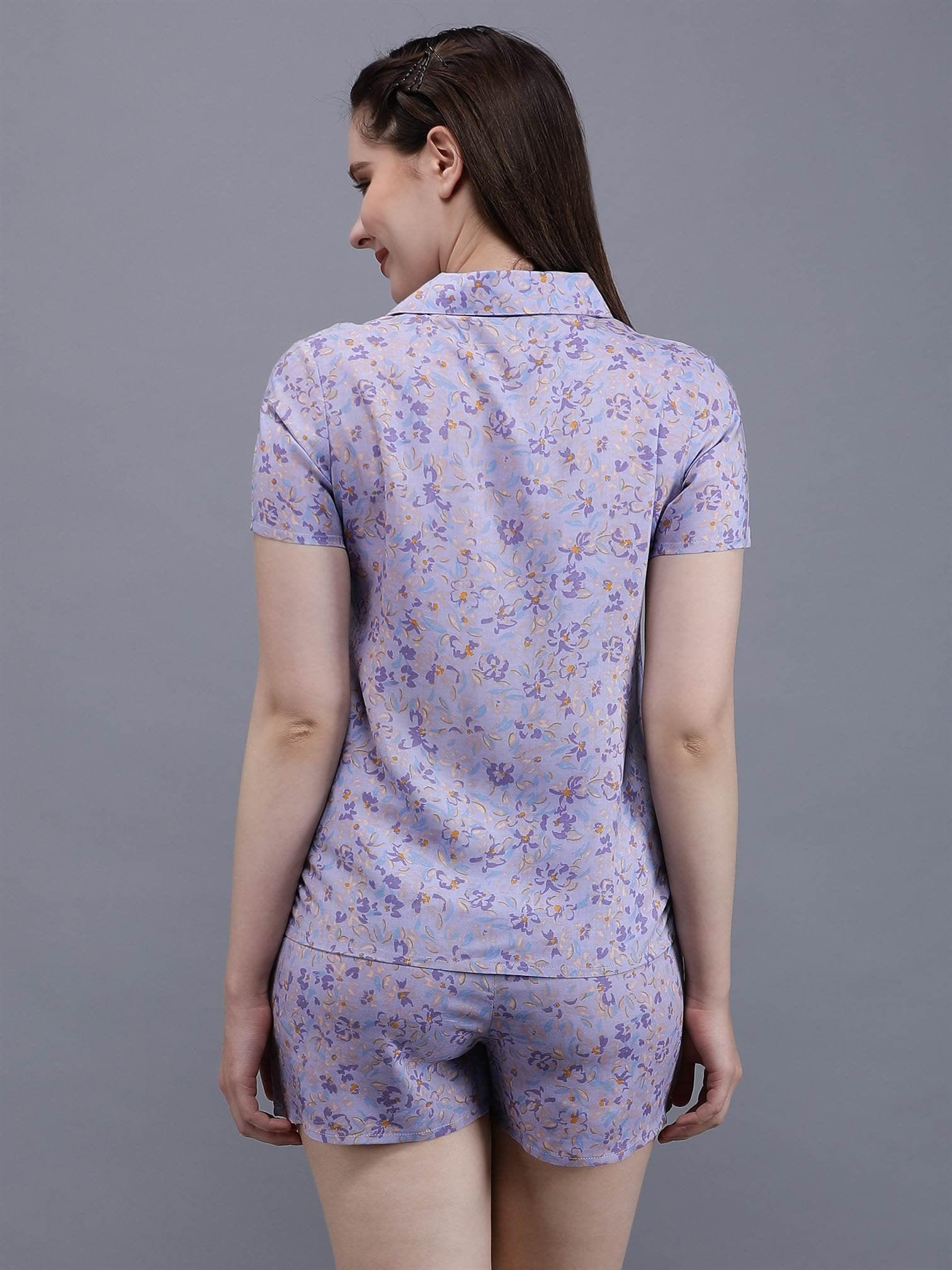 Waylene Light Purple Floral Print Shirt & Shorts Set, back view