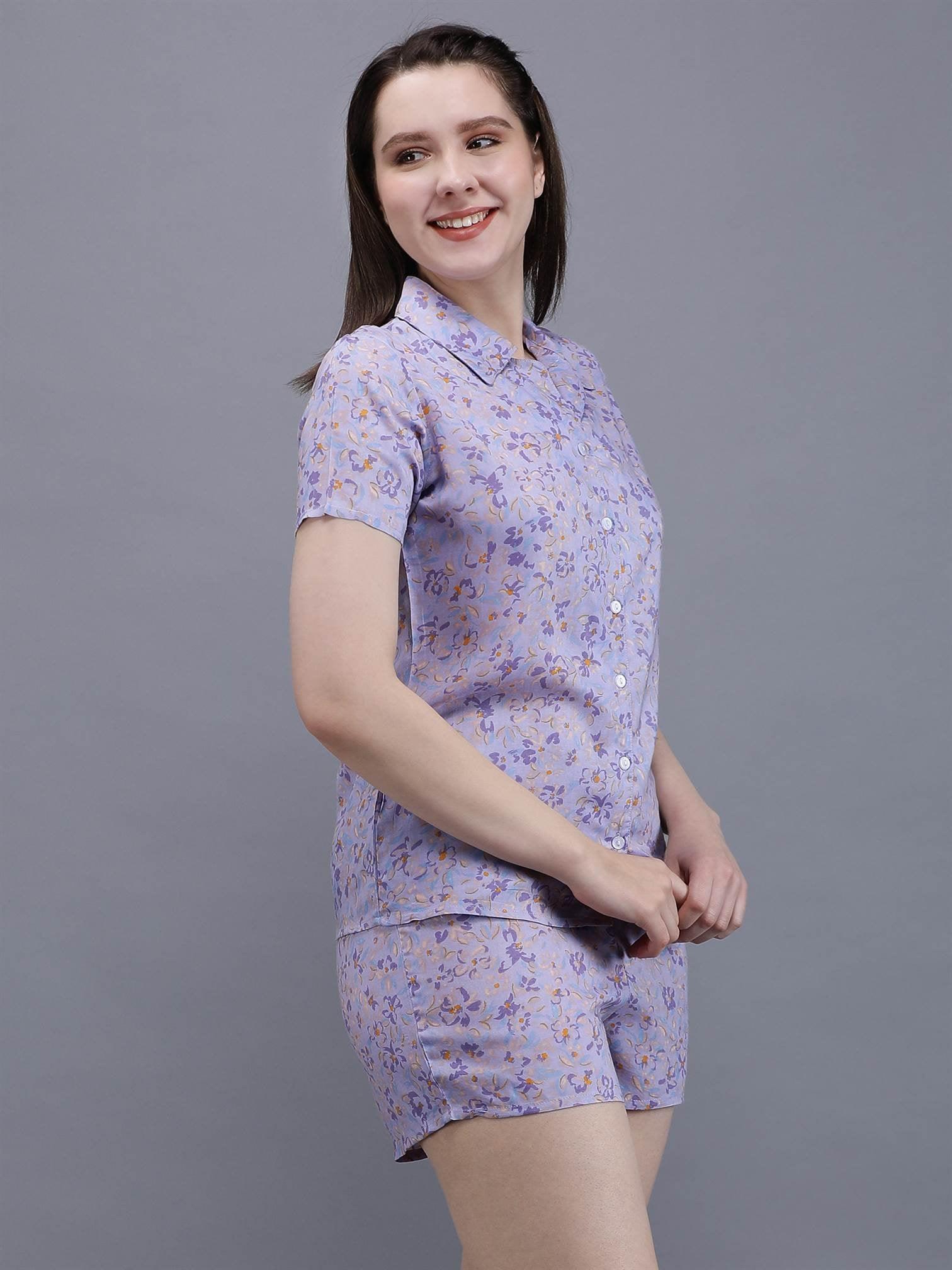 Waylene Light Purple Floral Print Shirt & Shorts Set, side view