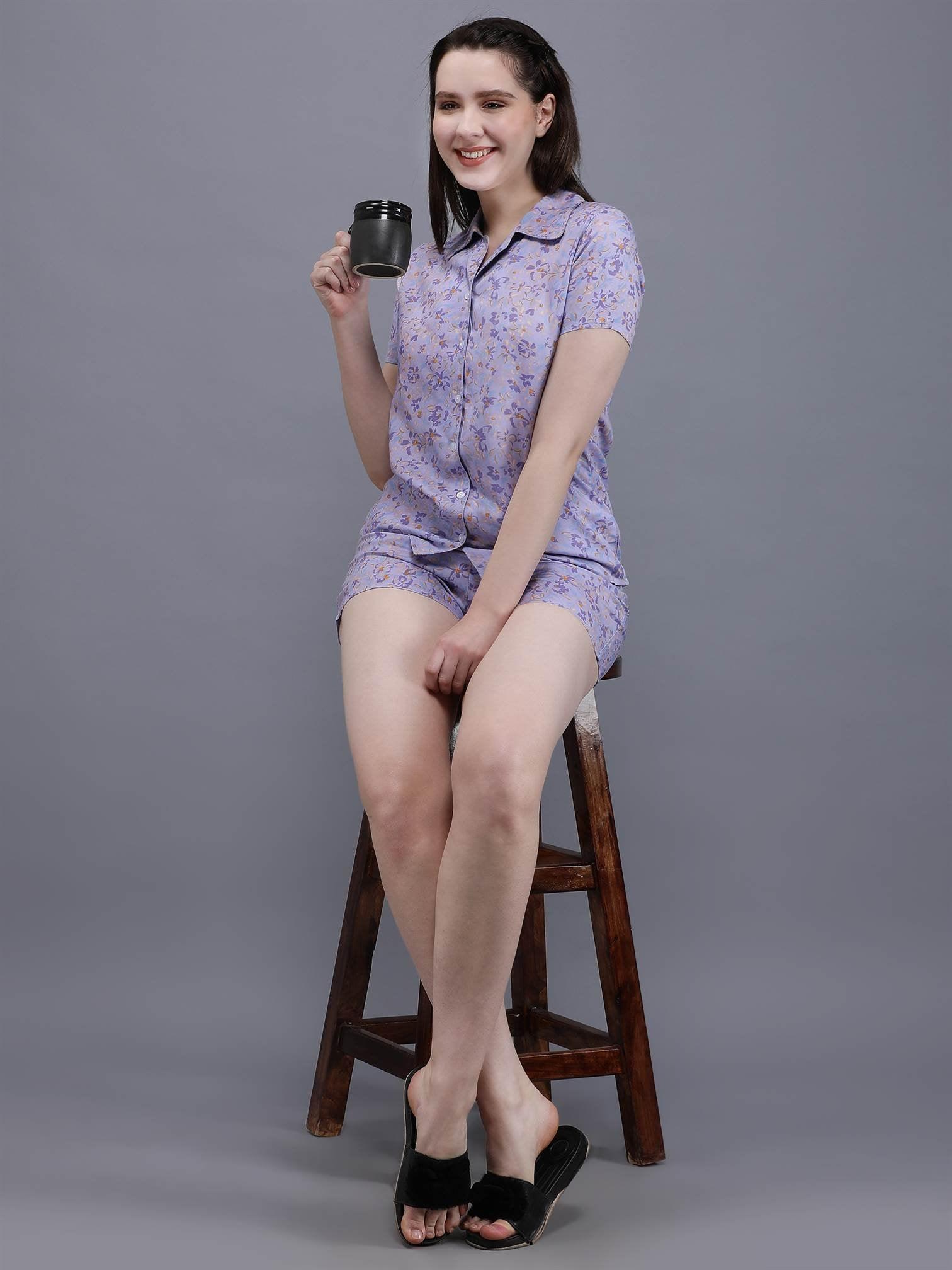 Waylene Light Purple Floral Print Shirt & Shorts Set, seated view