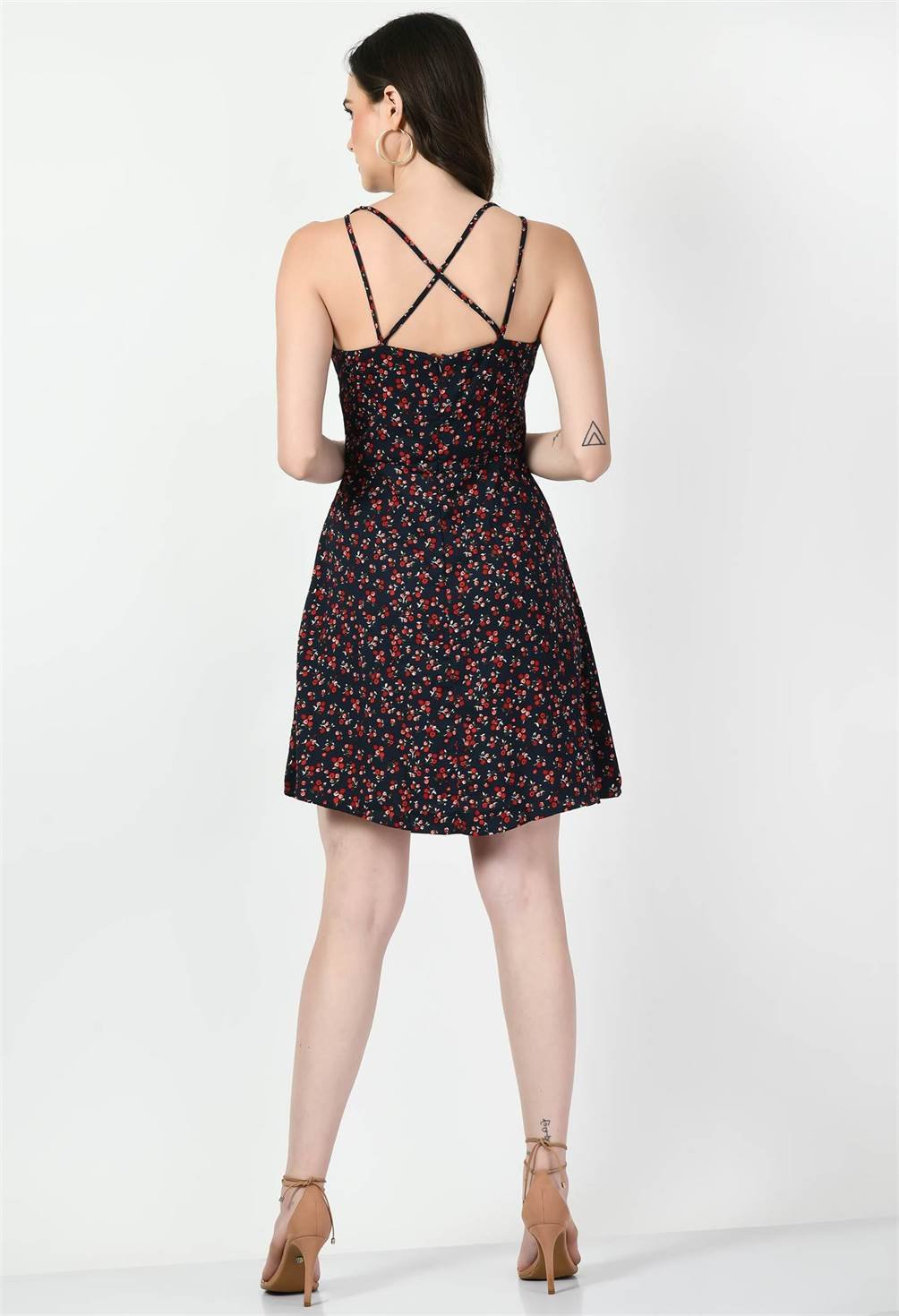 Waylene Dark Blue Floral Booti Print A-Line Dress back view with crisscross straps