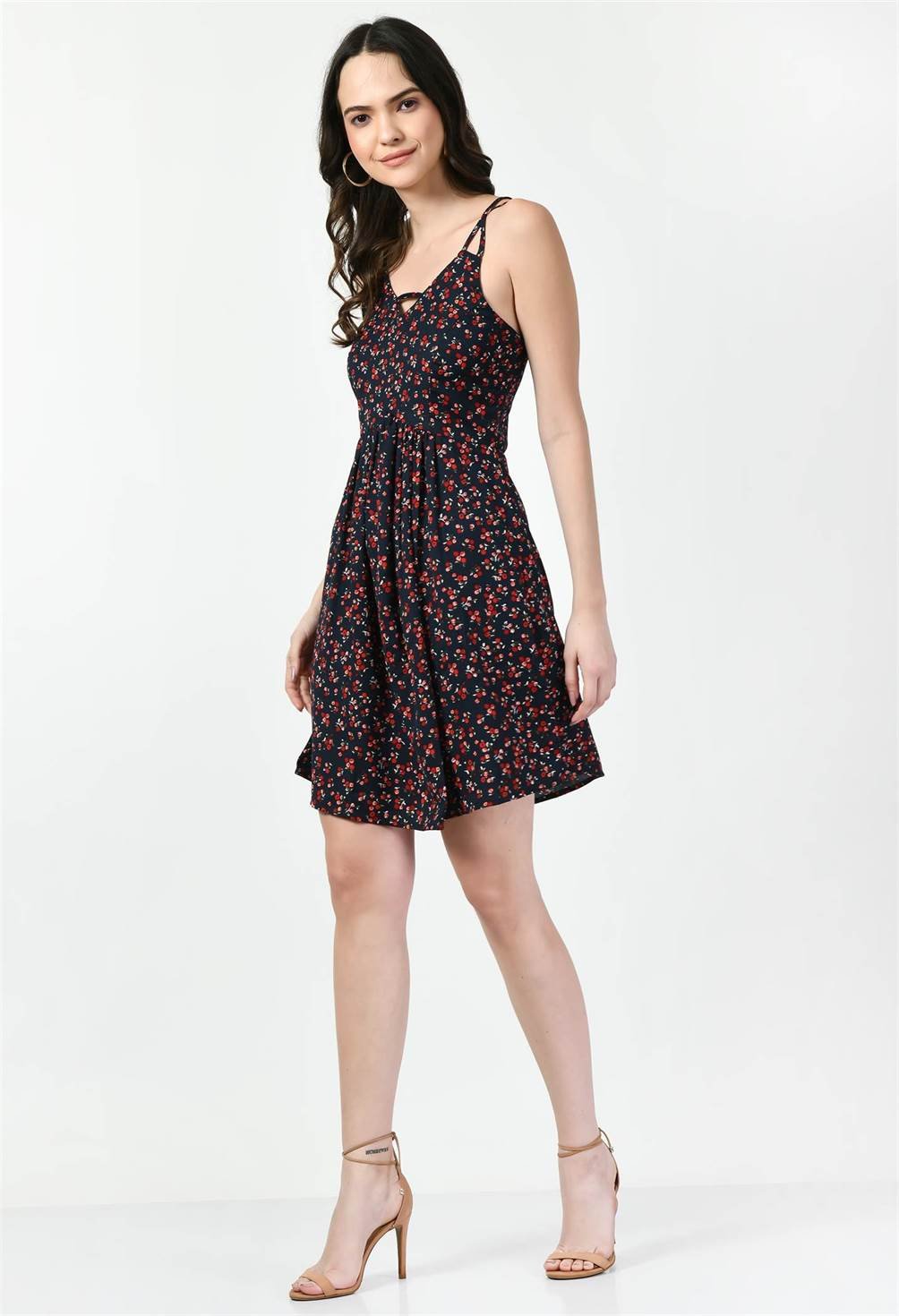 Waylene Dark Blue Floral Booti Print A-Line Dress front walking pose