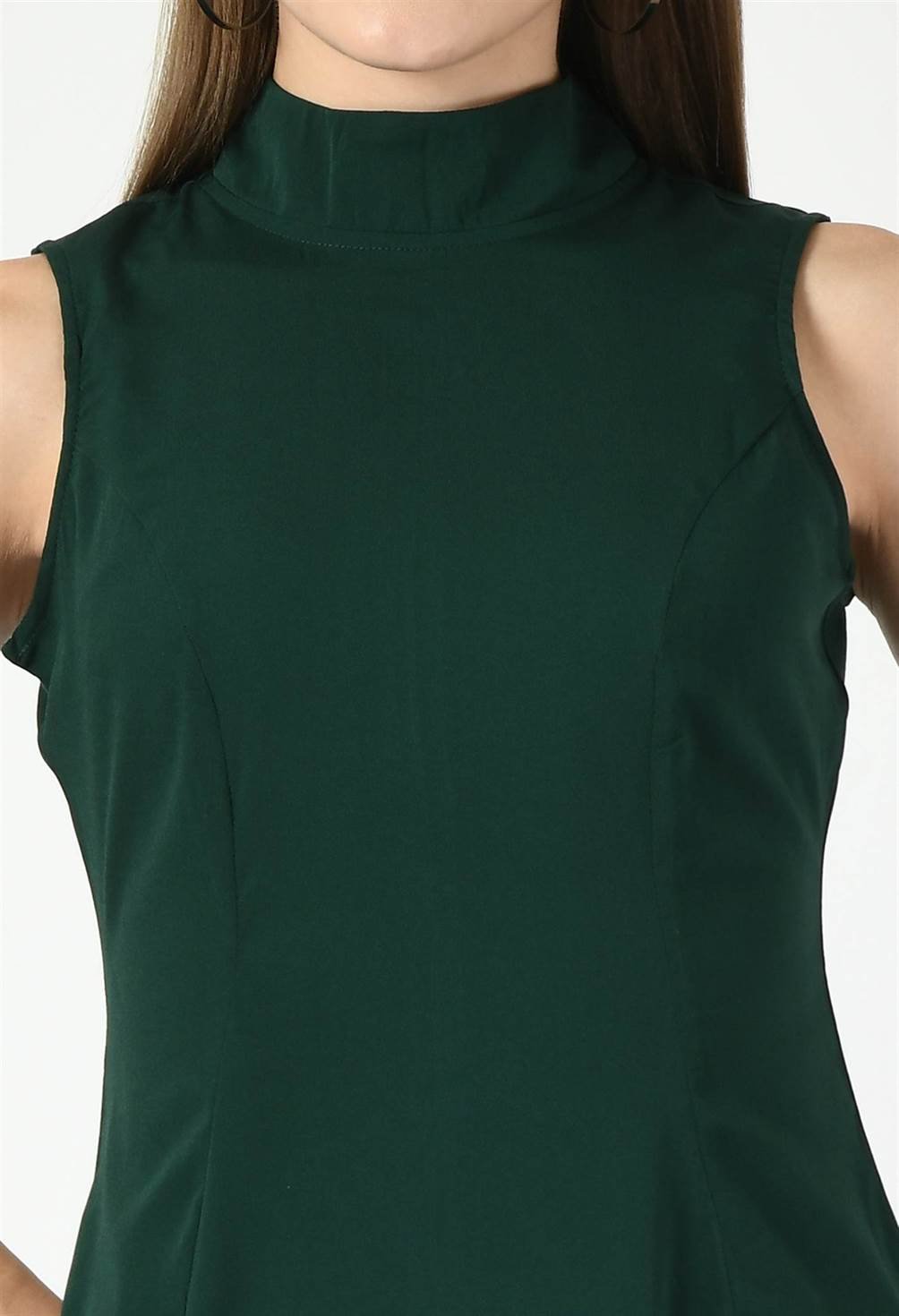 Close-up of Waylene Dark Green Dress with High Neck Detail