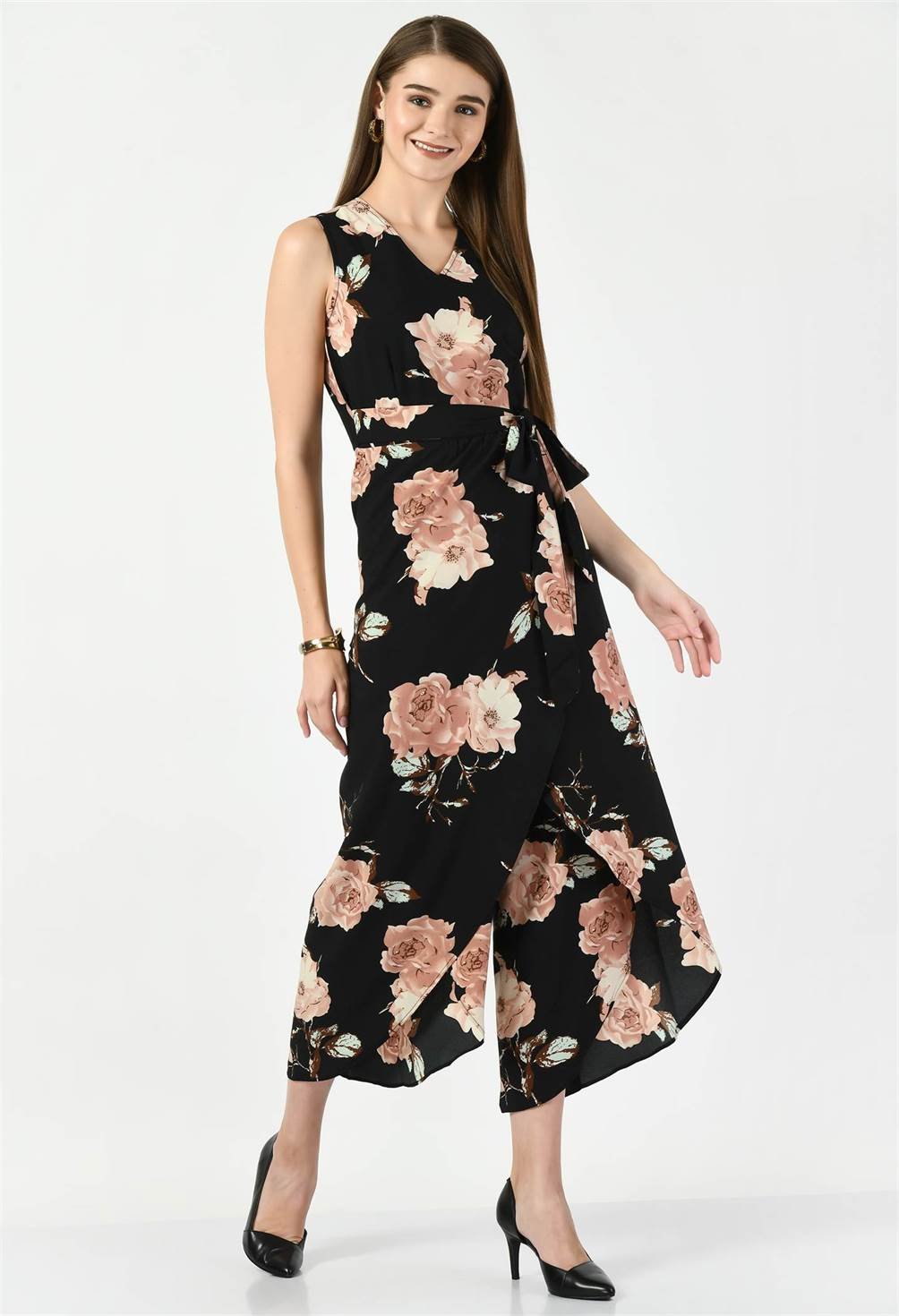 Waylene Floral Print Black Jumpsuit with Elegant Floral Pattern