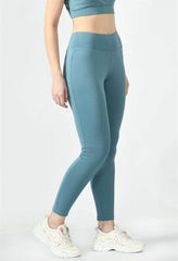 Waylene's light blue (Air Force Blue) high-waisted yoga leggings side view.