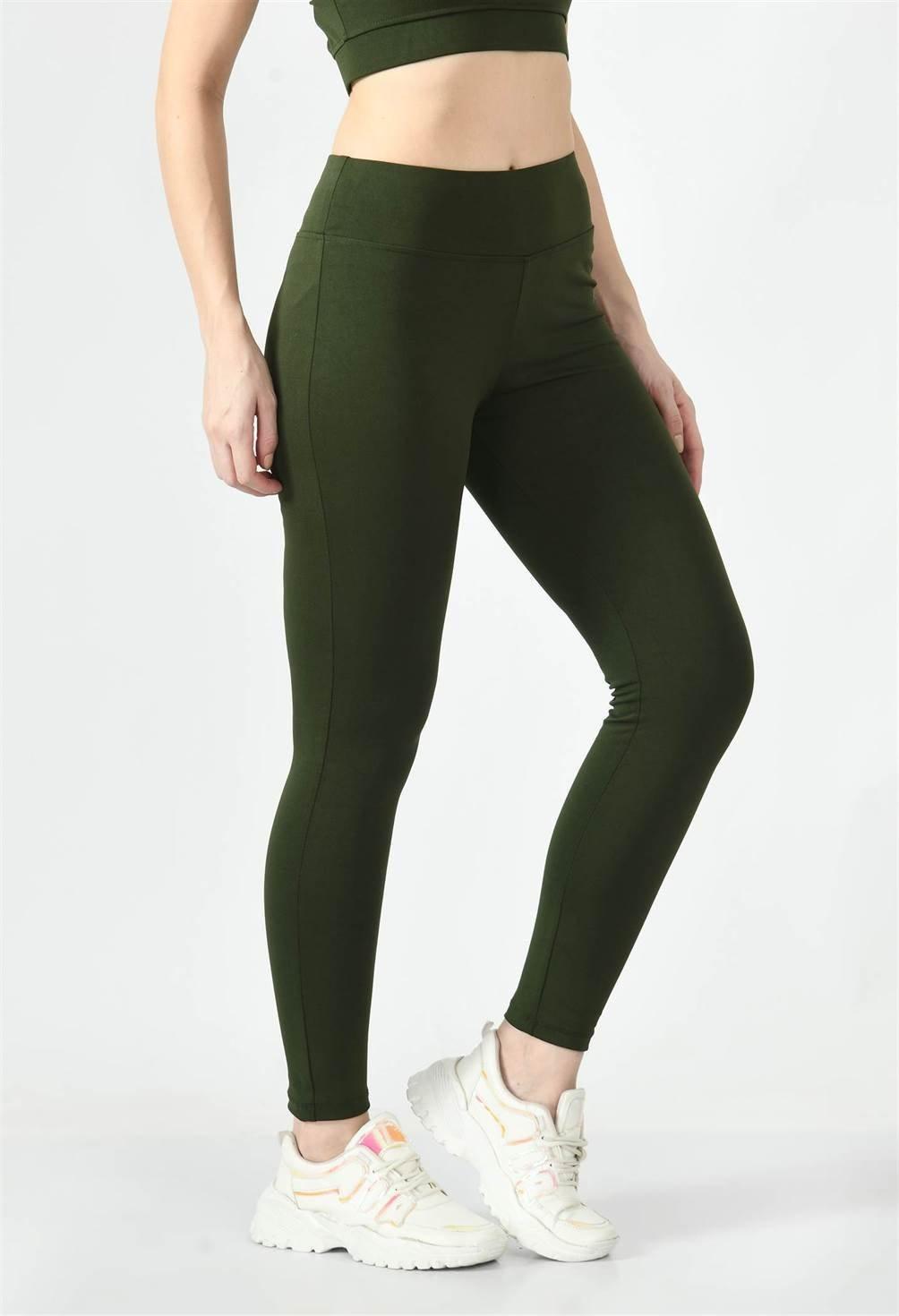 Waylene's olive green high-waisted yoga leggings front view.