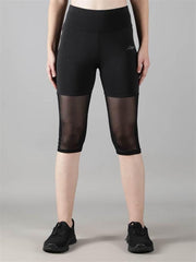 Women wearing gym & yoga wear Waylene black high-waisted capri leggings with rounded mesh panels – front view