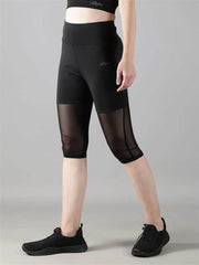 Women wearing gym & yoga wear Waylene black high-waisted capri leggings with rounded mesh panels – side view