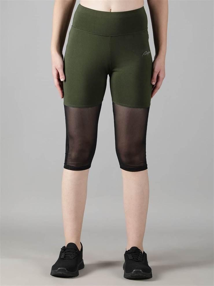 Woman practicing yoga in Waylene olive green high-waisted capri leggings with rounded mesh panels - front view