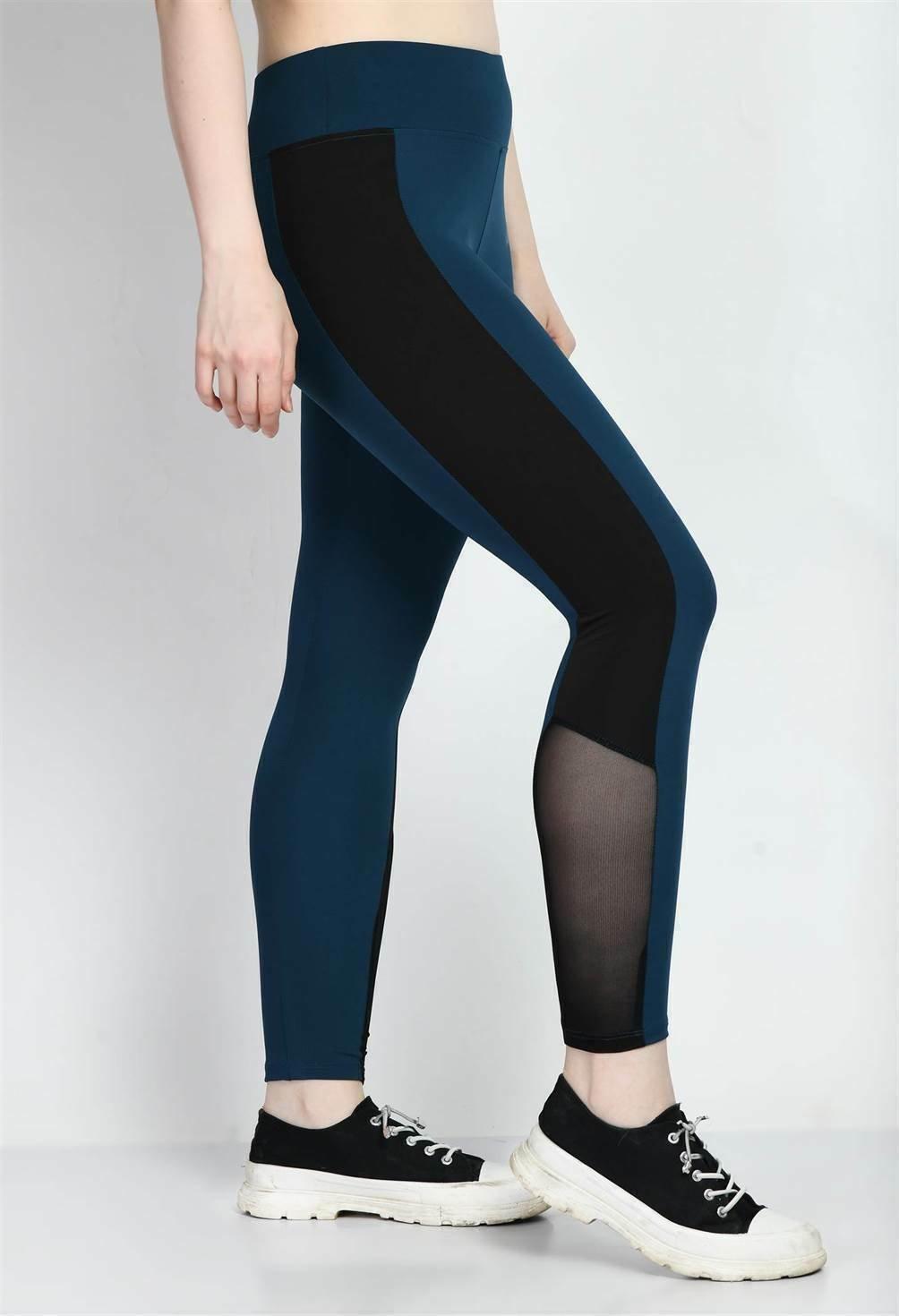 Sports Wear Color Block Teal Blue Tights - Waylene