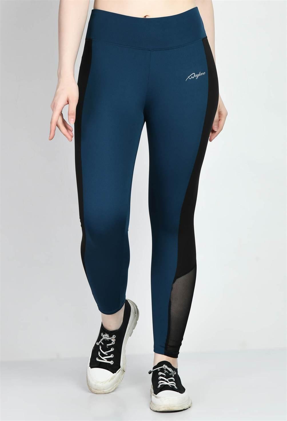 Sports Wear Color Block Teal Blue Tights - Waylene