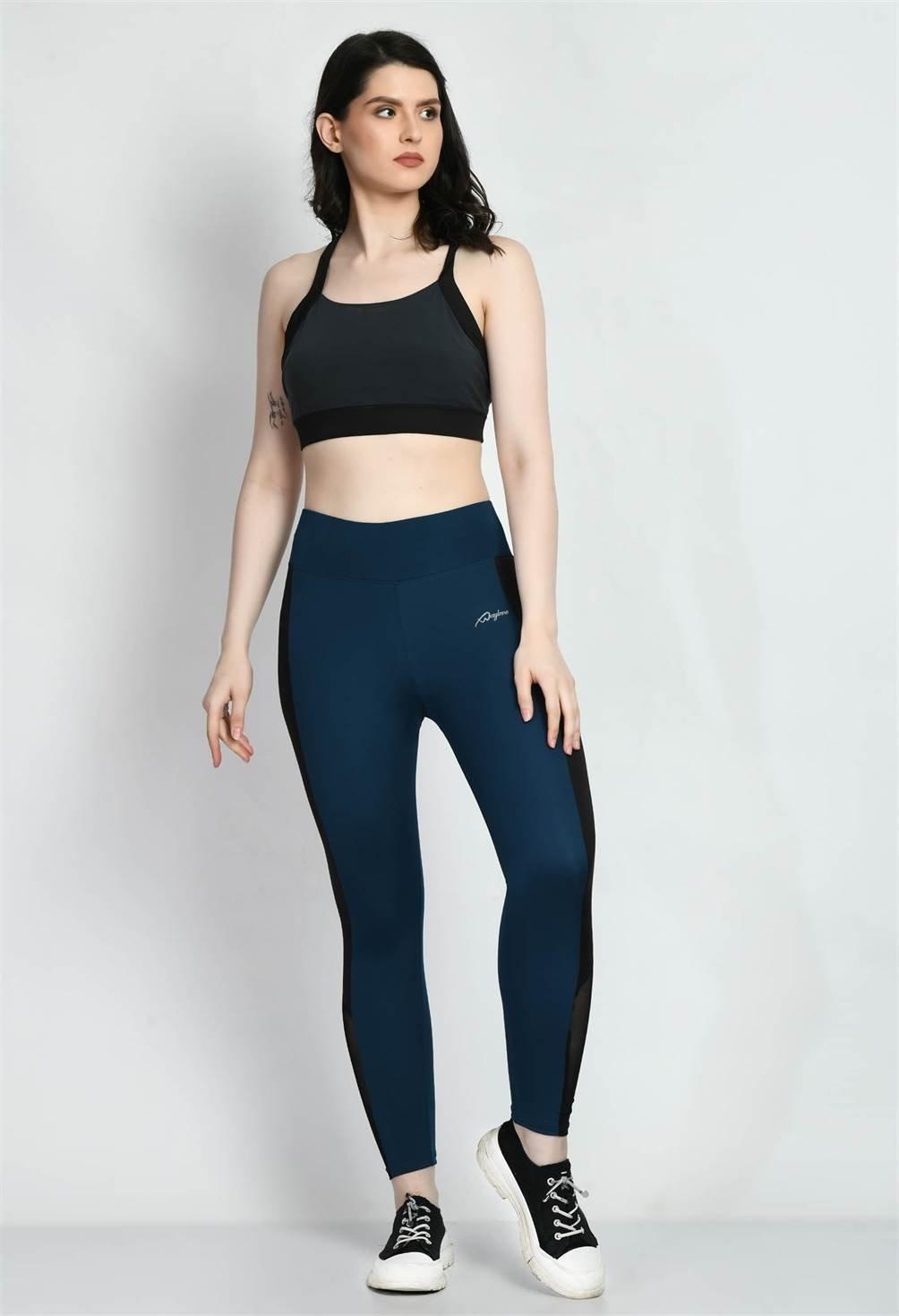 Sports Wear Color Block Teal Blue Tights - Waylene