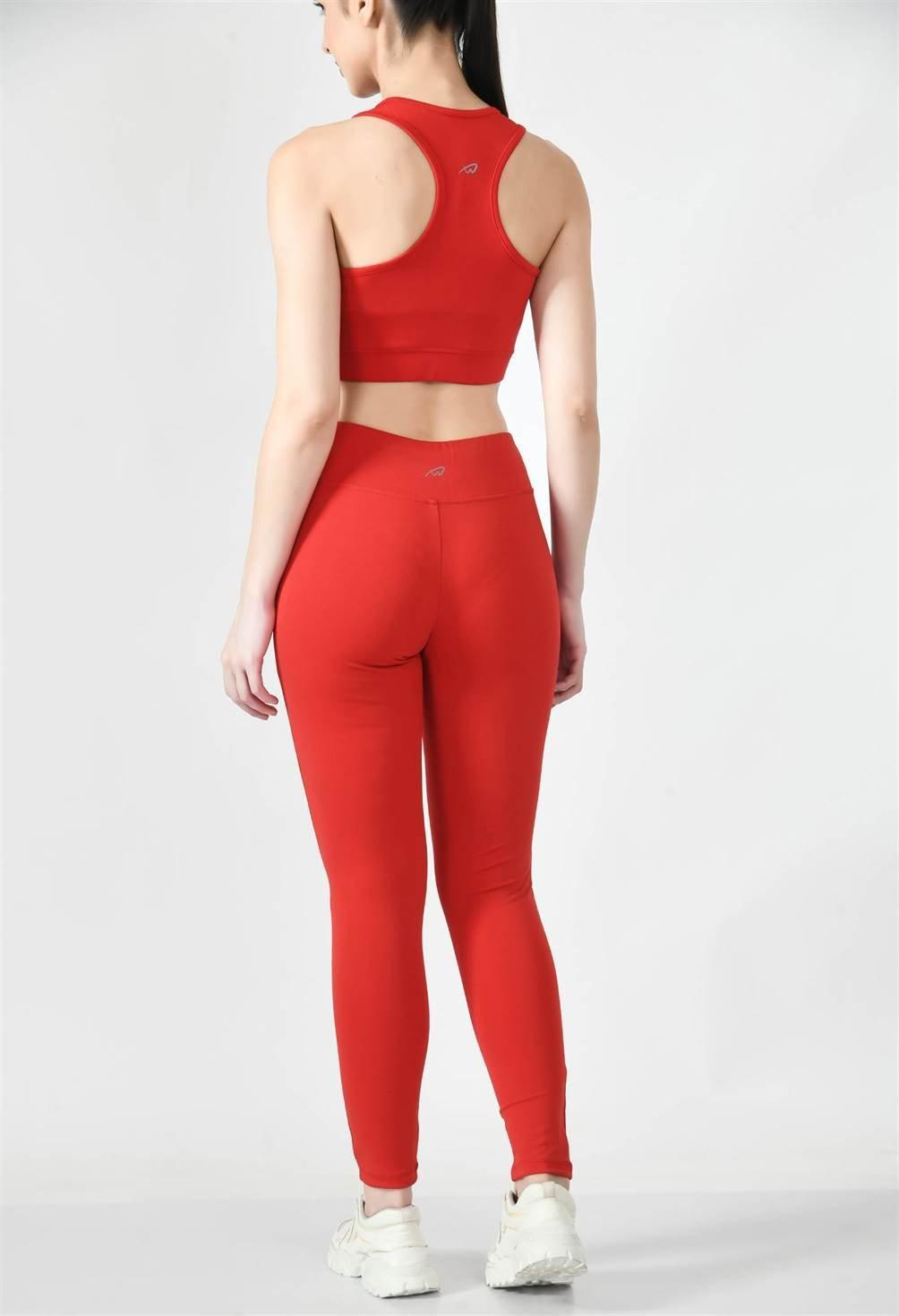 Waylene Red Activewear Tights Paired with Red Sports Bra Back View