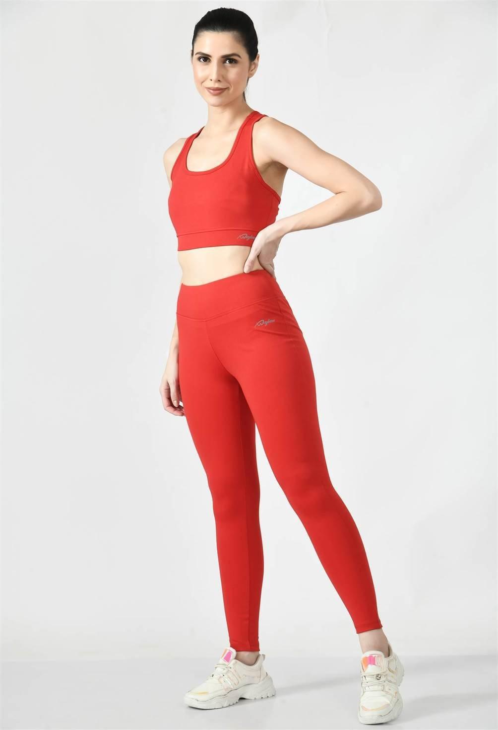 Waylene Red Activewear Tights Paired with Red Sports Bra View 2