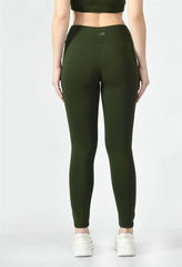 Waylene's olive green high-waisted yoga leggings back view.