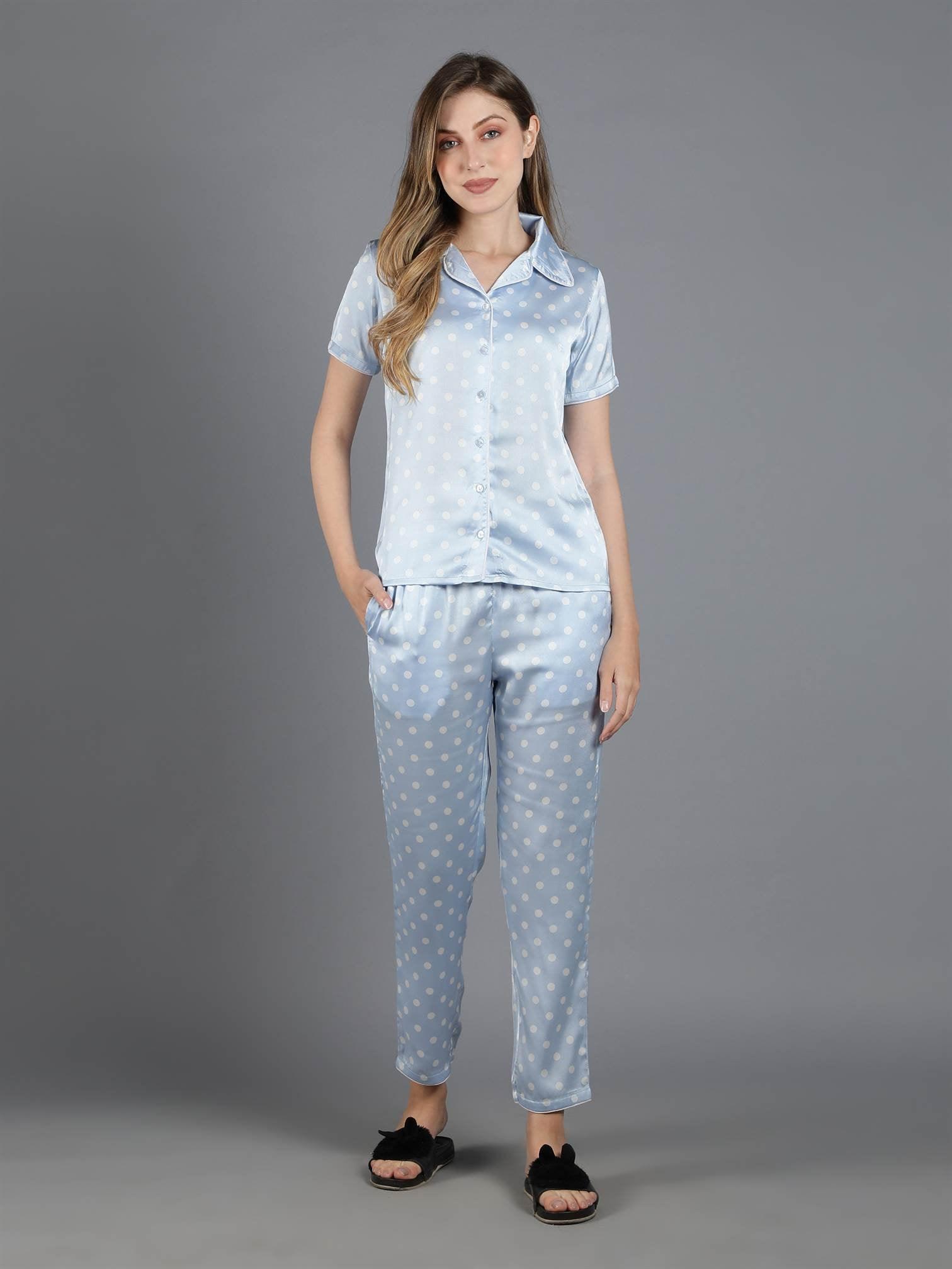 Light Blue Polka Dot Satin PJ Set - Waylene