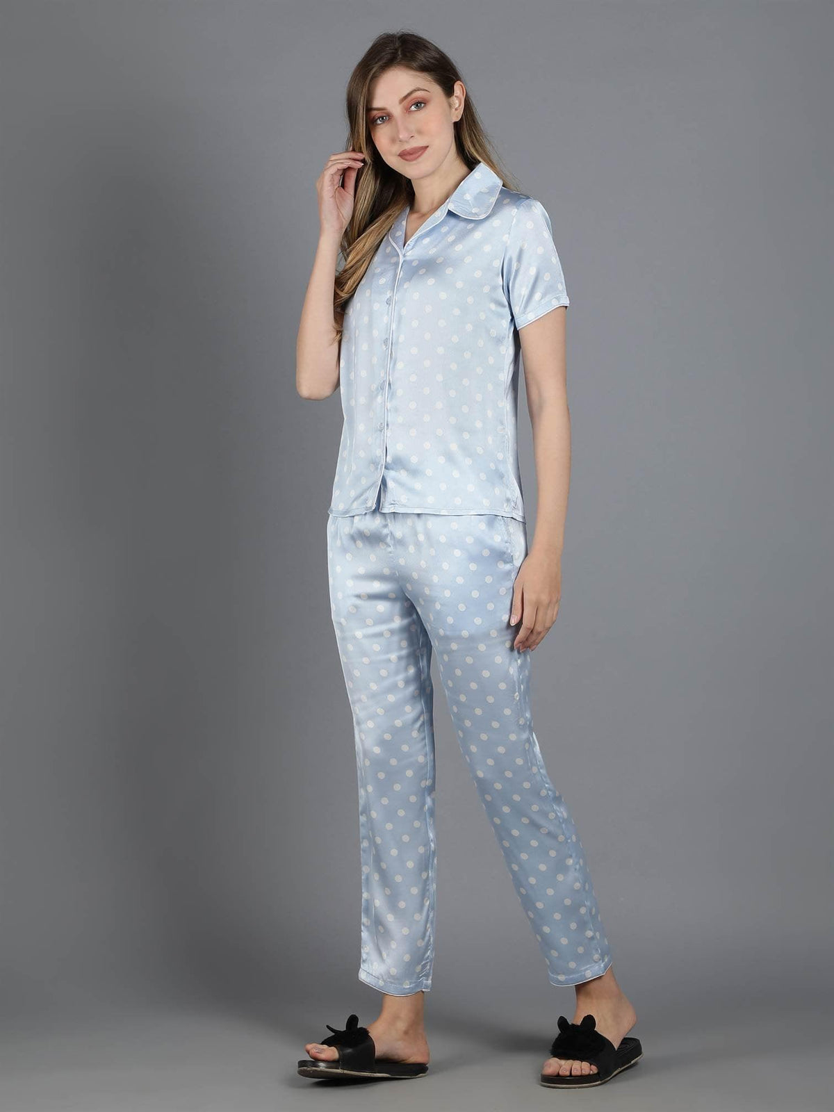 Light Blue Polka Dot Satin PJ Set - Waylene