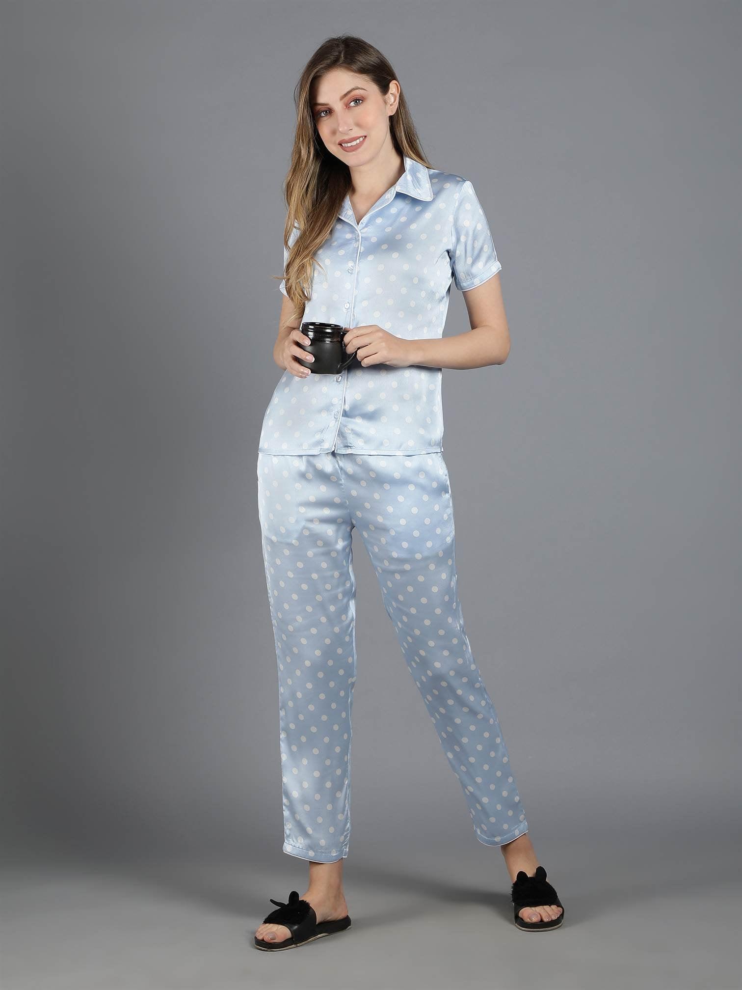 Light Blue Polka Dot Satin PJ Set - Waylene