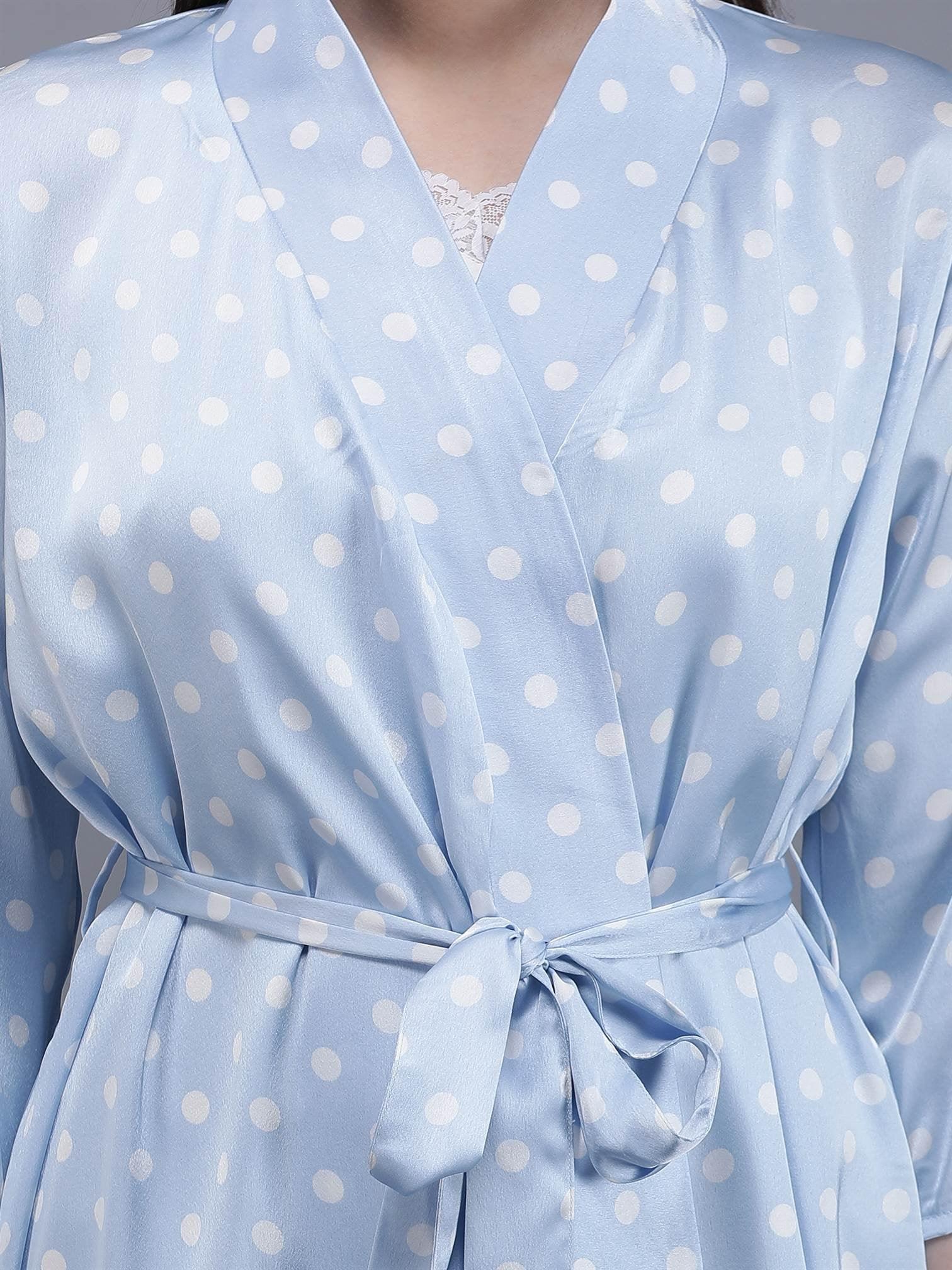 Light Blue Polka Dot Night Suit with Cami & Robe - Waylene