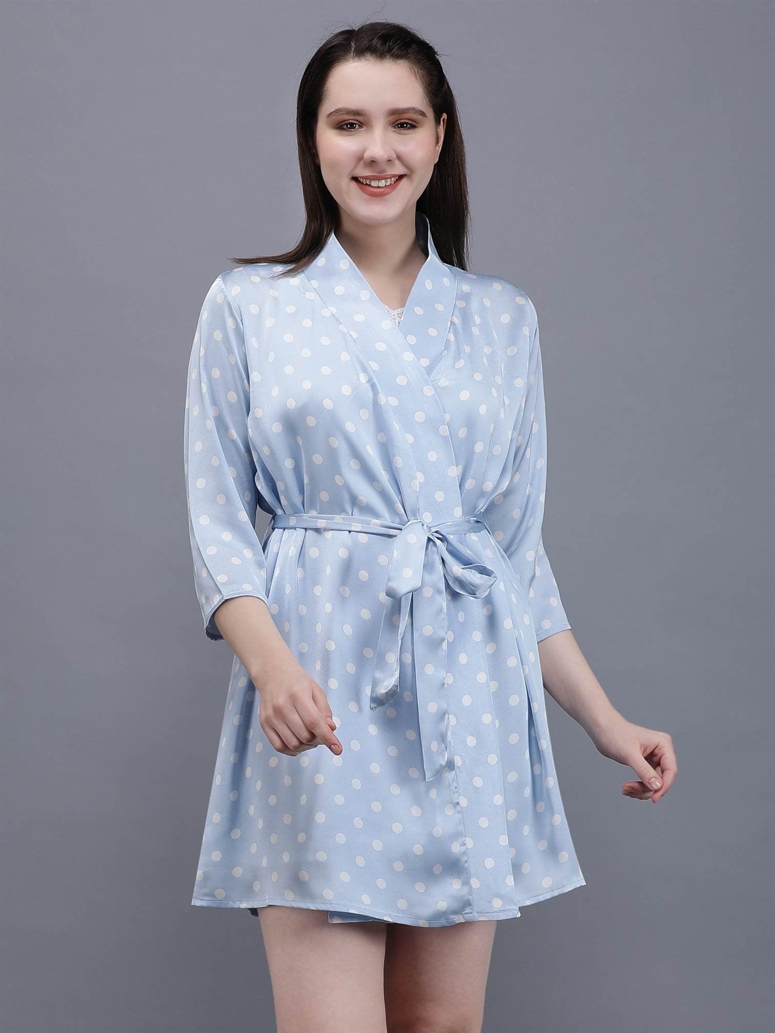 Light Blue Polka Dot Night Suit with Cami & Robe - Waylene