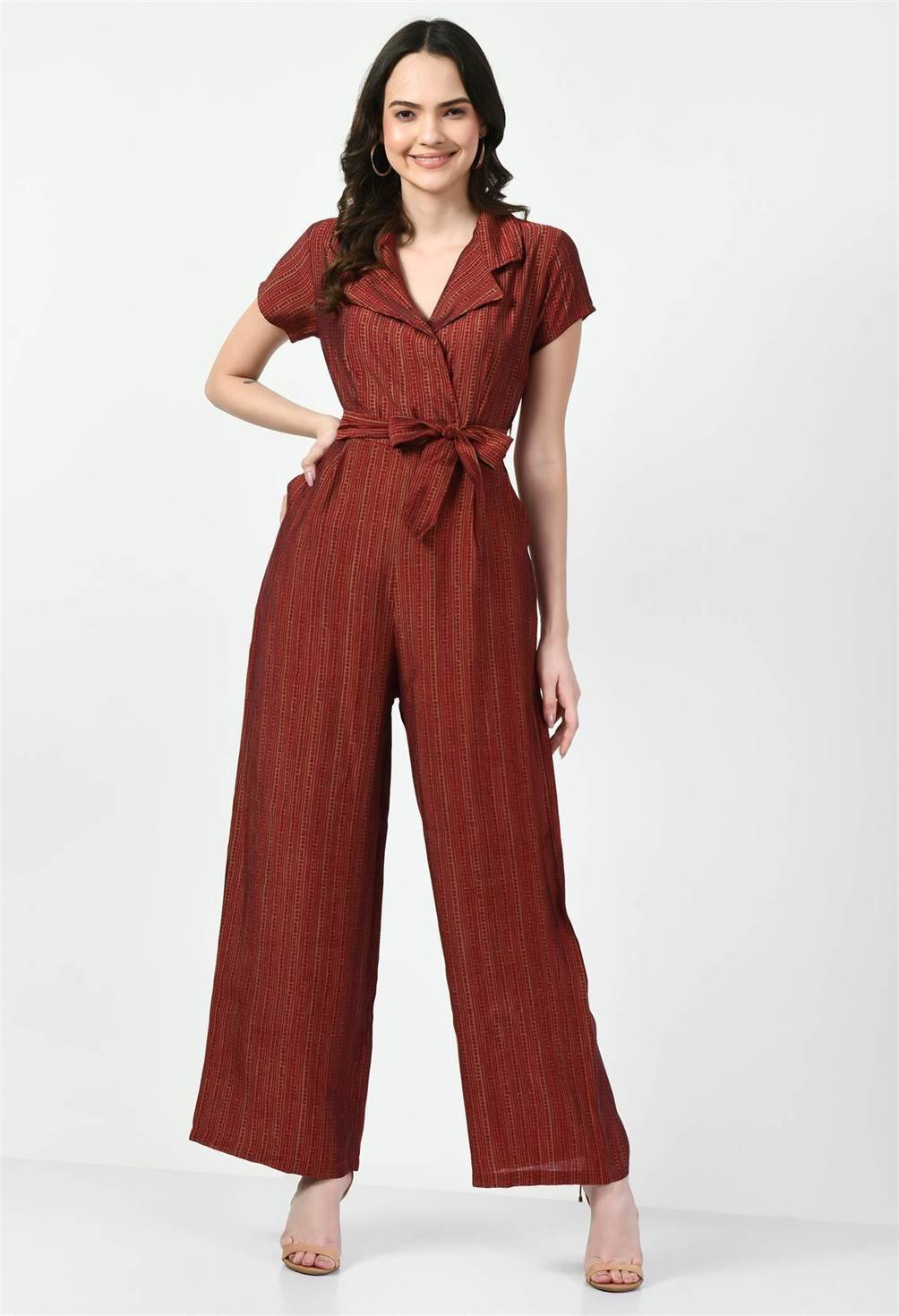 STRIPPED RED COLLARED JUMPSUIT - Waylene