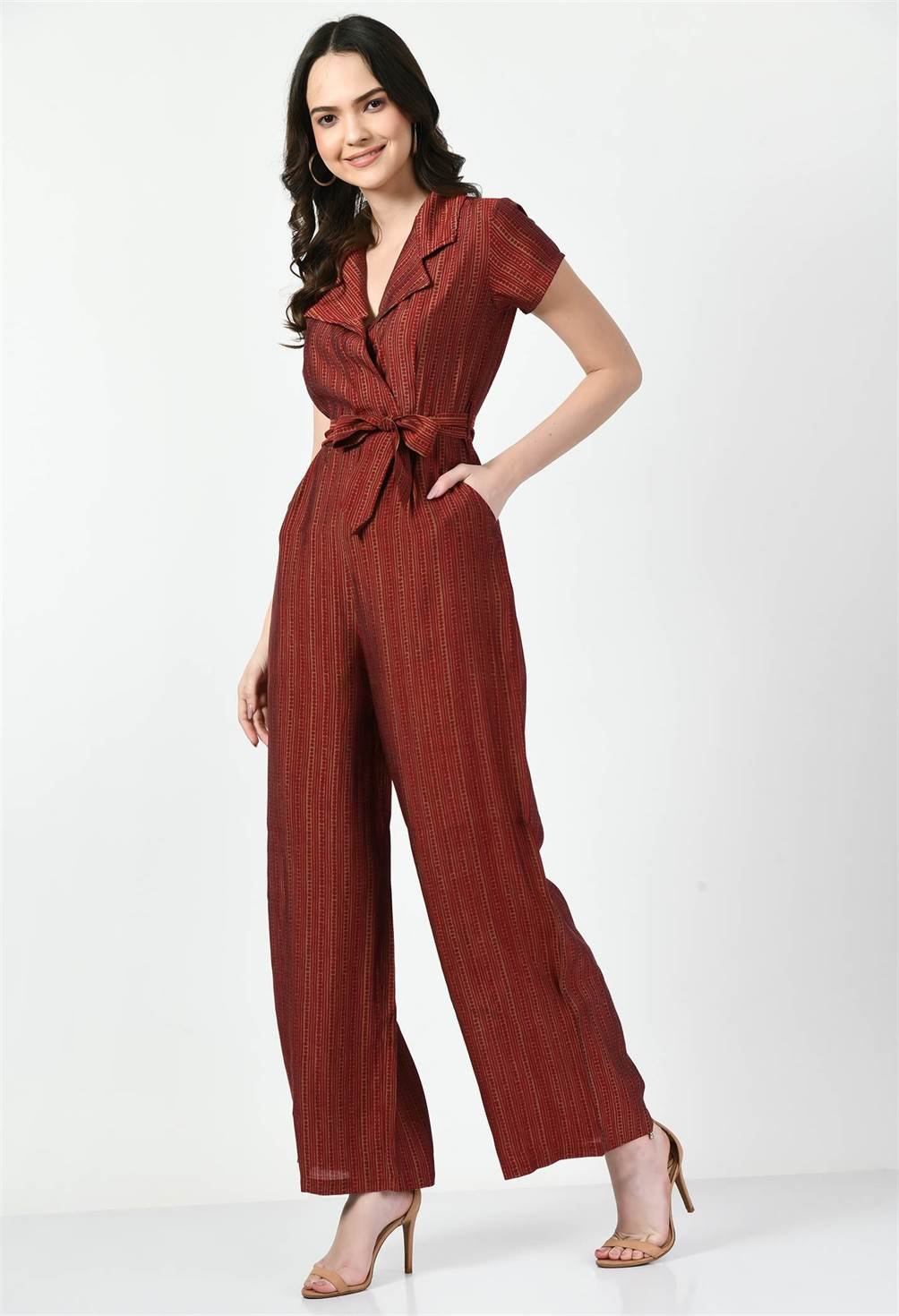 STRIPPED RED COLLARED JUMPSUIT - Waylene