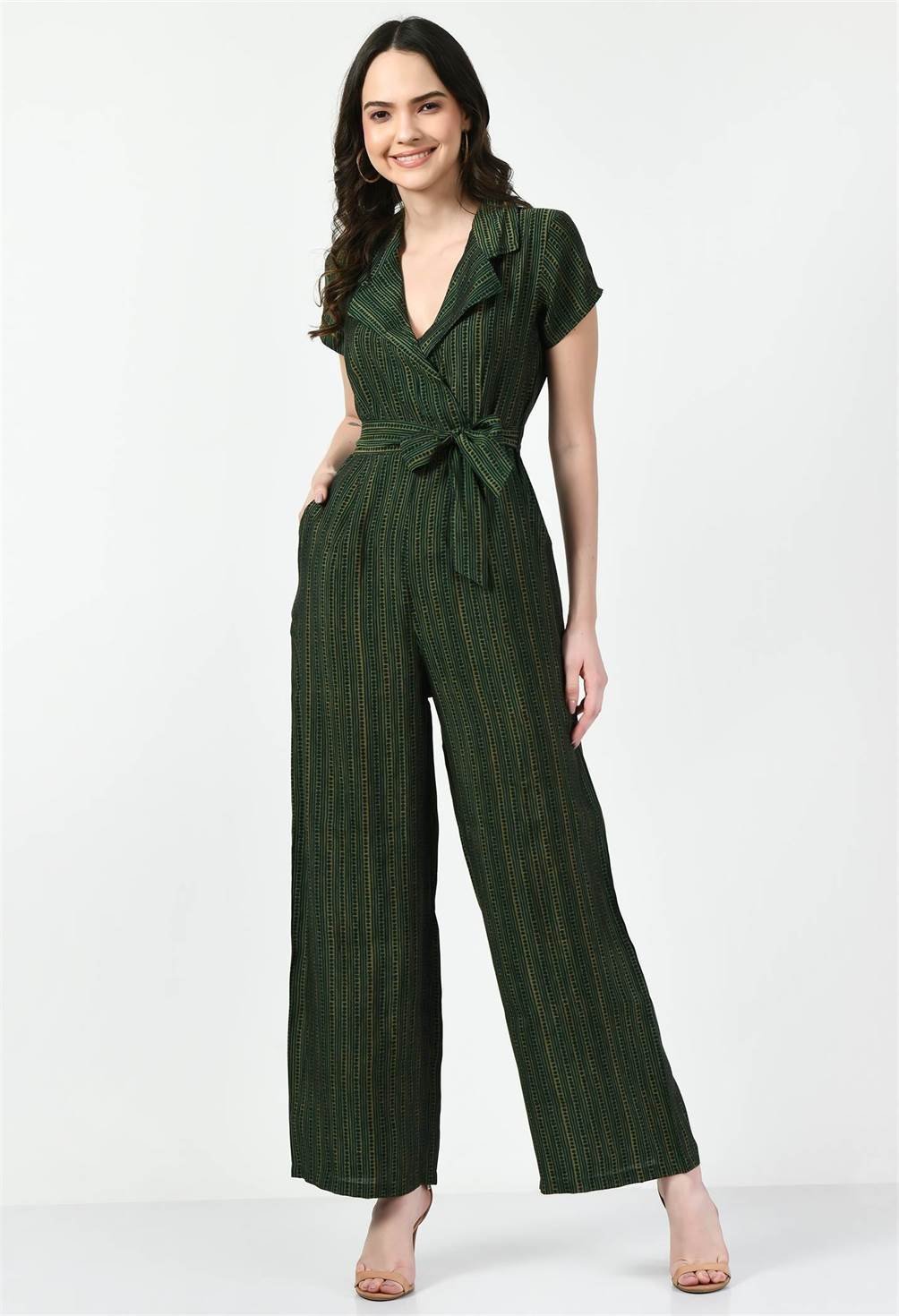 STRIPPED GREEN COLLARED JUMPSUIT - Waylene