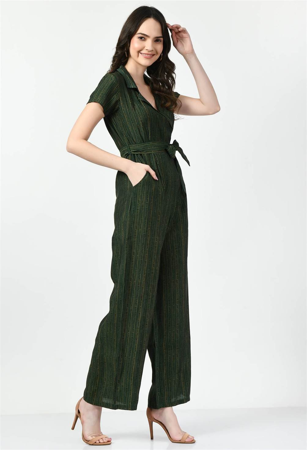 STRIPPED GREEN COLLARED JUMPSUIT - Waylene