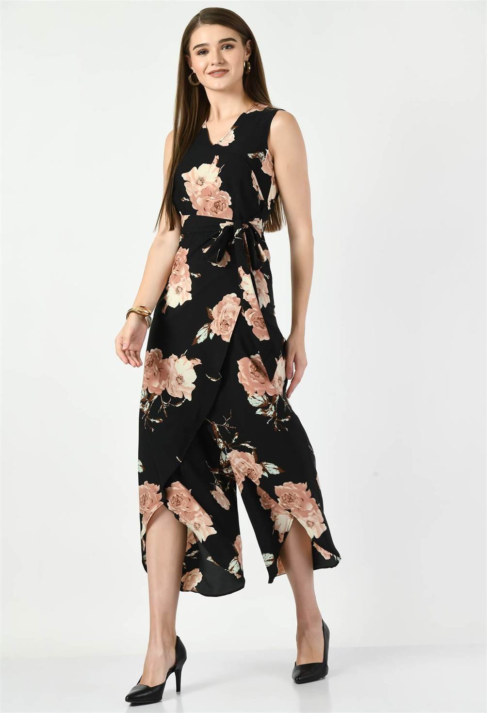 FLORAL PRINT BLACK JUMPSUIT - Waylene