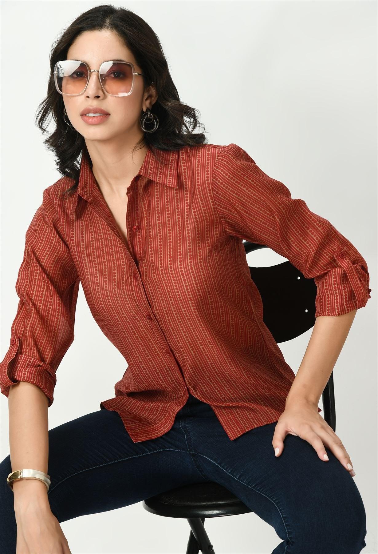 Waylene Women's Red Sheer Shirt with Striped Print - Waylene