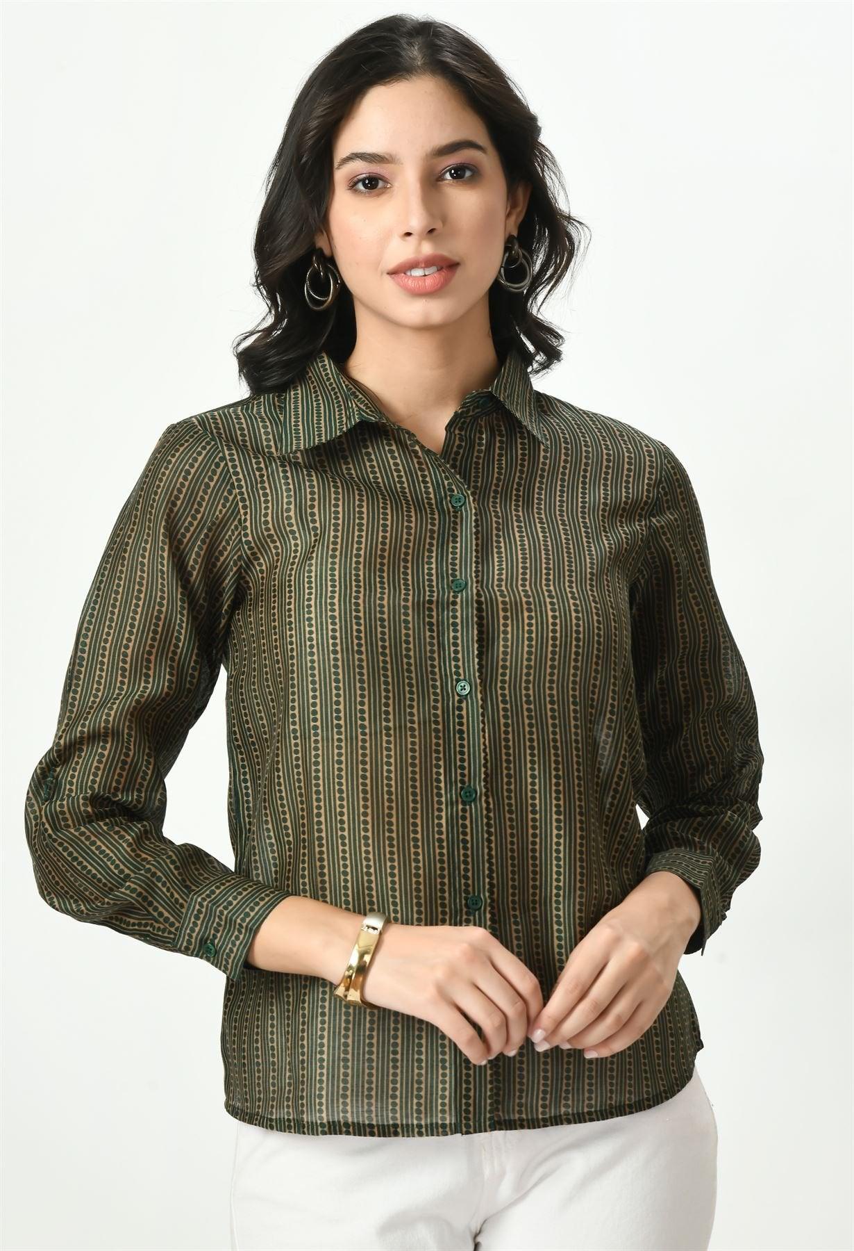 Waylene Women's Green Sheer Shirt with Striped Print - Waylene