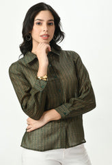 Waylene Women's Green Sheer Shirt with Striped Print - Waylene