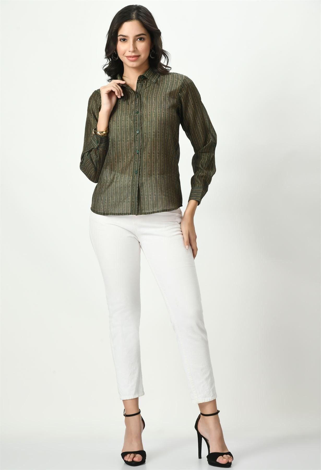 Waylene Women's Green Sheer Shirt with Striped Print - Waylene