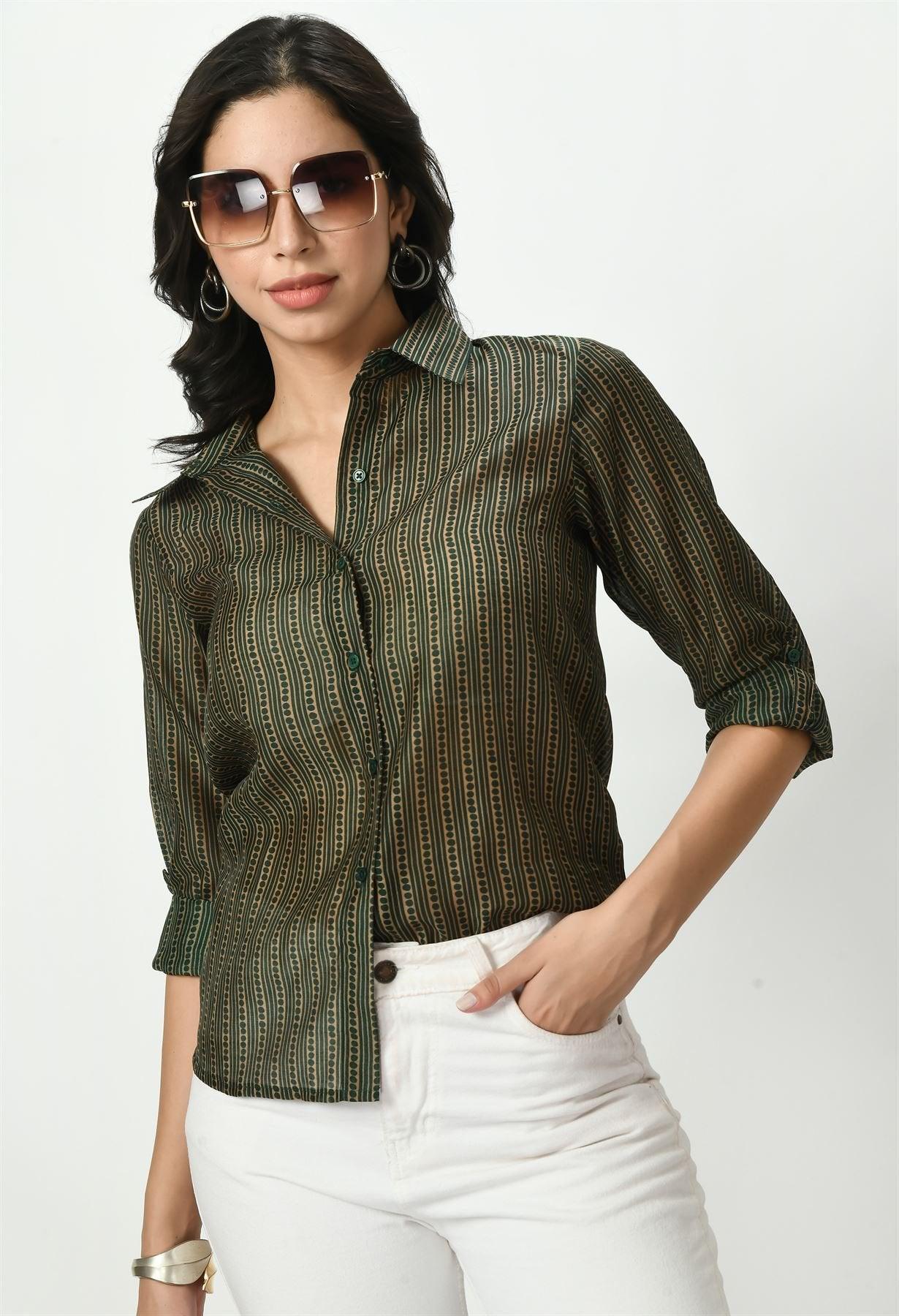 Waylene Women's Green Sheer Shirt with Striped Print - Waylene